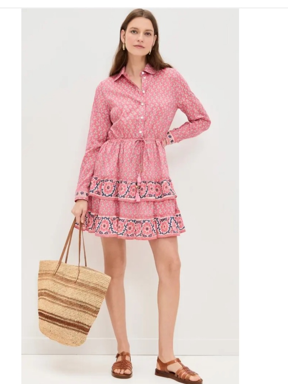 Bell Alicia Bell Blake Long Sleeve Mini Shirt Dress Pink Floral Printed Large